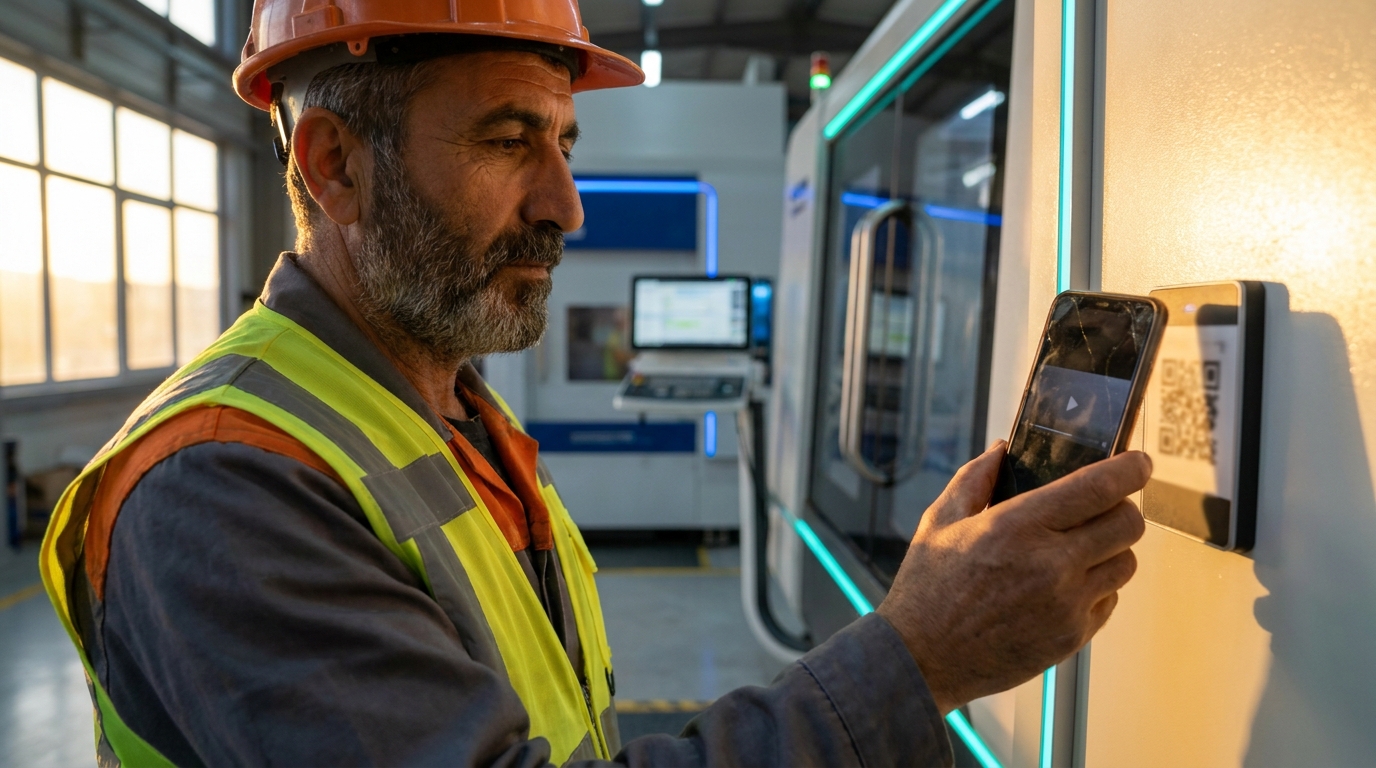 Baret ve reflektörlü yelekle bir çalışan, sahada telefonuyla karekod okutup uzaktan eğitime giriyor